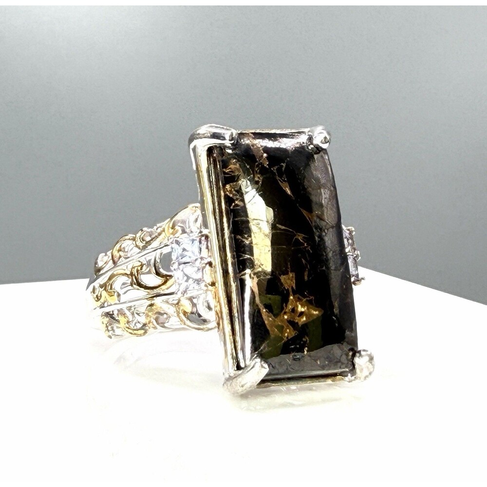 D’Joy 925 Matrix Silver Shungite White Zircon Cocktail Ring Size 10
